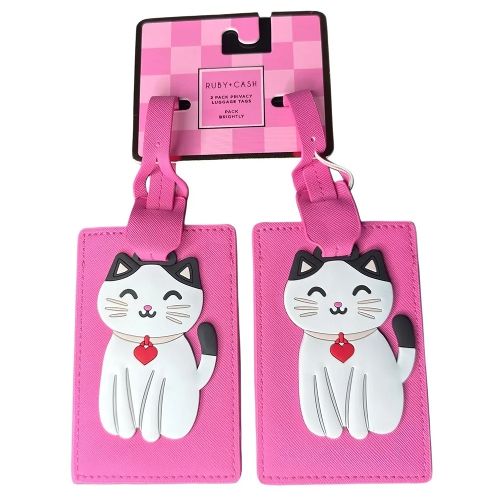Pink Cat Travel Luggage Tags Set of Two - Picture 1 of 4